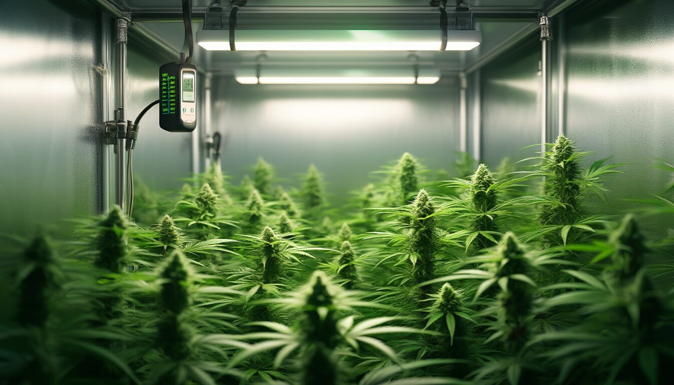 Thermo-Hygrometer auf Blätterhöhe in einem Growzelt mit Cannabis-Pflanzen unter LED-Licht
