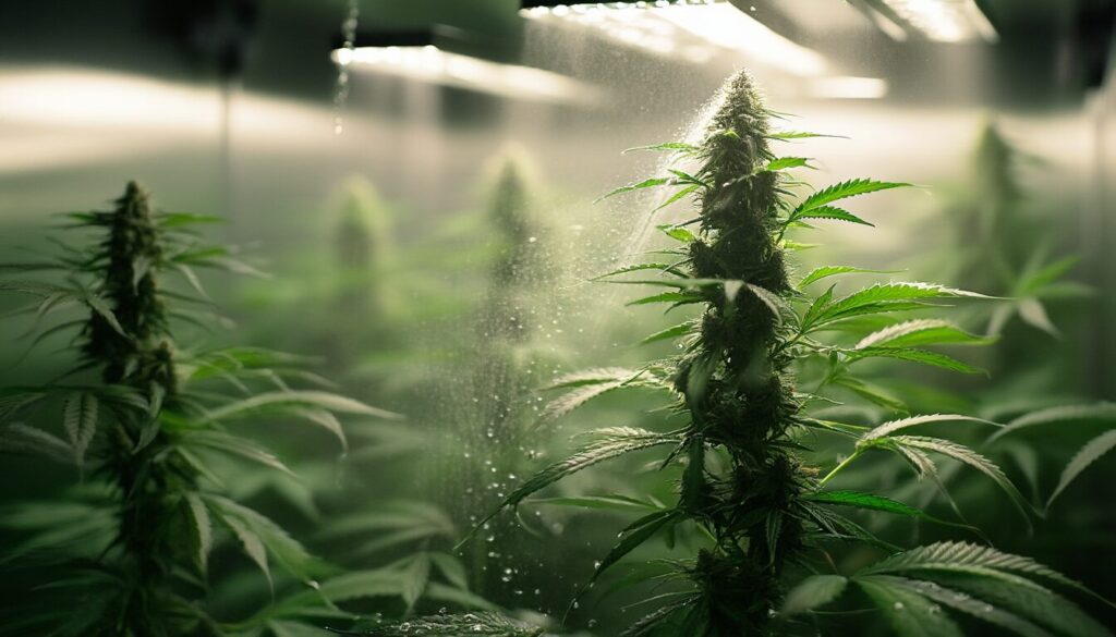Cannabispflanze im Growzelt wird mit feinem Sprühnebel zur Blattdüngung besprüht