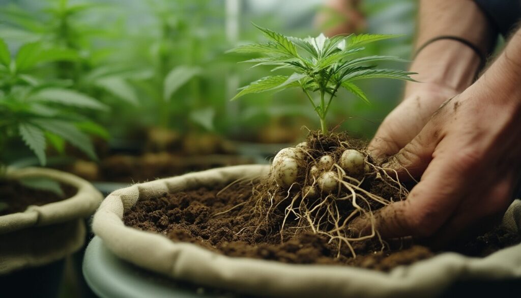 Kräftiger cremeweißer Wurzelballen einer jungen Cannabispflanze beim Umtopfen in lockere Erde