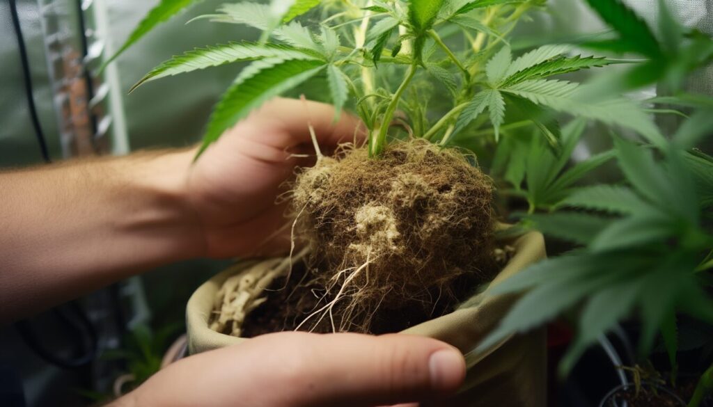 Wurzelballen einer Cannabispflanze mit weißem Wachsbelag und Wurzelläusen wird über dem Topf kontrolliert