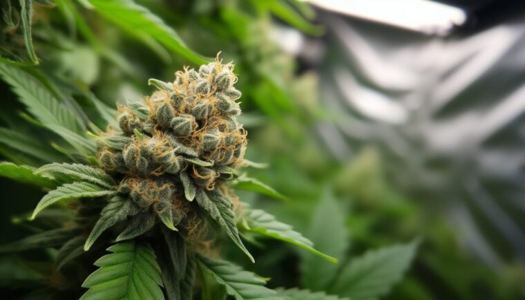 Cannabis-Blüte im Growzelt mit beginnendem grauem Budrot-Schimmel im Inneren der Cola