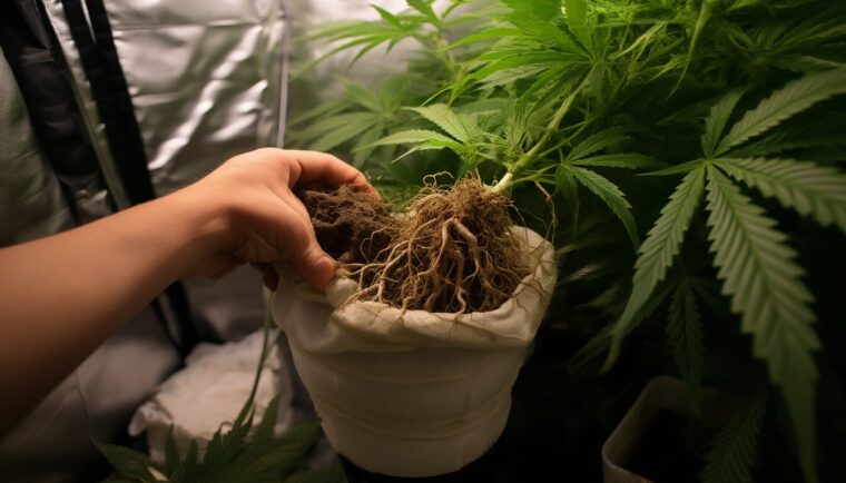 Hand hält Wurzelballen einer Cannabispflanze über einem Stofftopf, gesunde weiße neben braunen, faulen Wurzeln