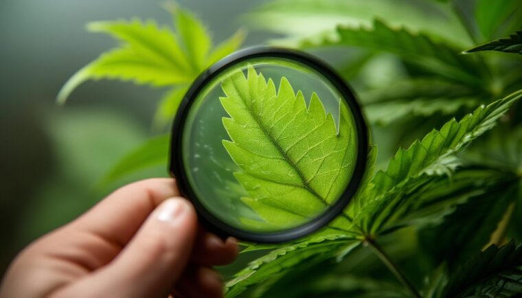 Blattunterseite einer Cannabispflanze wird mit einer Lupe auf Schädlinge untersucht