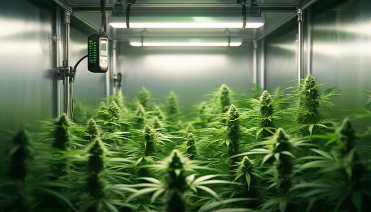 Thermo-Hygrometer auf Blätterhöhe in einem Growzelt mit Cannabis-Pflanzen unter LED-Licht